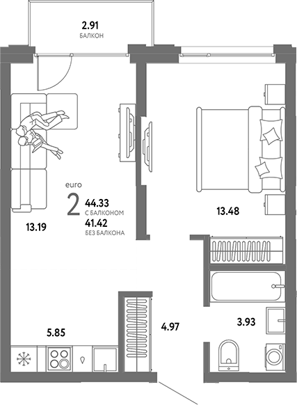Планировка 2е-к.кв 41.42 м² в ЖК «Страна. Береговая»