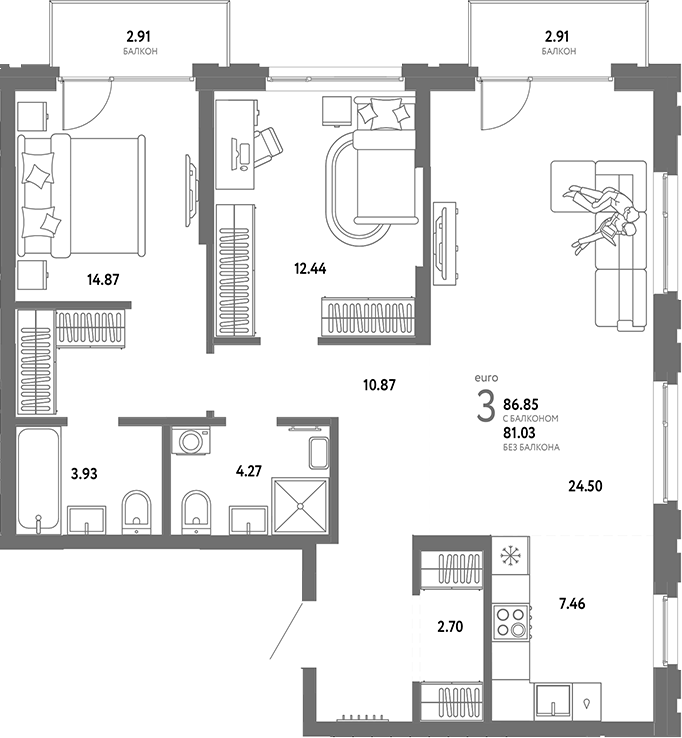 Планировка 3е-к.кв 81.03 м² в ЖК «Страна. Береговая»