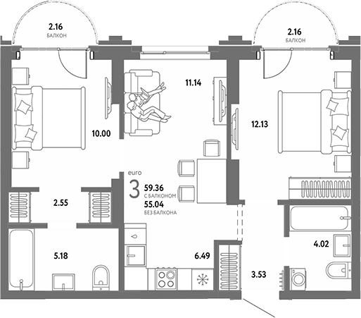 Планировка 3е-к.кв 55.04 м² в ЖК «Страна. Береговая»