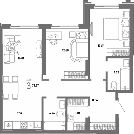 Планировка 3е-к.кв 73.57 м² в ЖК «Страна. Береговая»