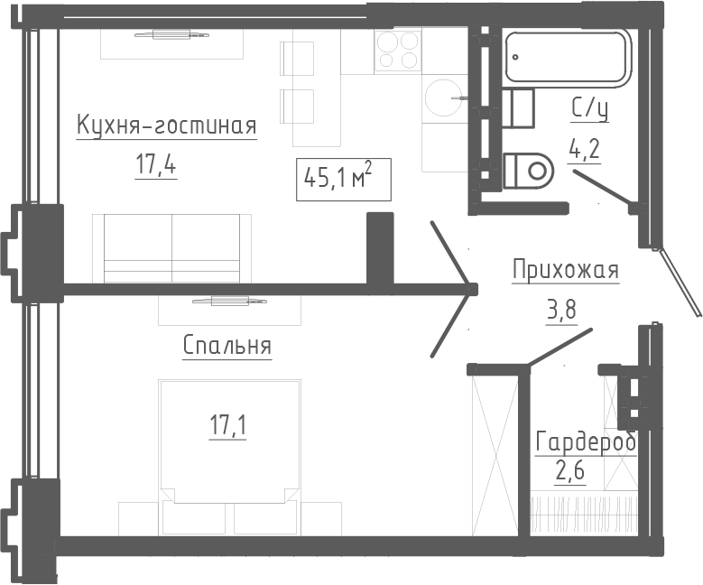 Планировка 2е-к.кв 45.10 м² в ЖК «Клубный комплекс Маяковский»