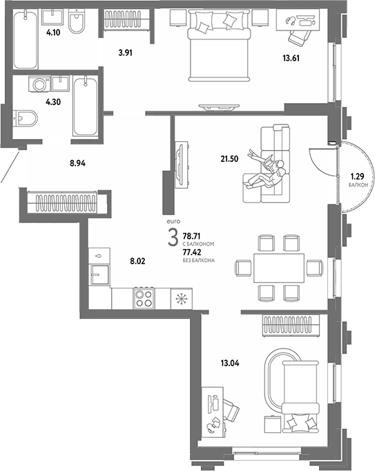 Планировка 3е-к.кв 77.42 м² в ЖК «Страна. Береговая»