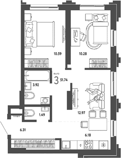 Планировка 3е-к.кв 51.74 м² в ЖК «Страна. Береговая»