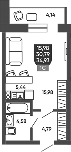Планировка студии 30.79 м² в ЖК «Ермак»