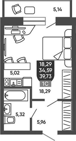 Планировка студии 34.59 м² в ЖК «Ермак»