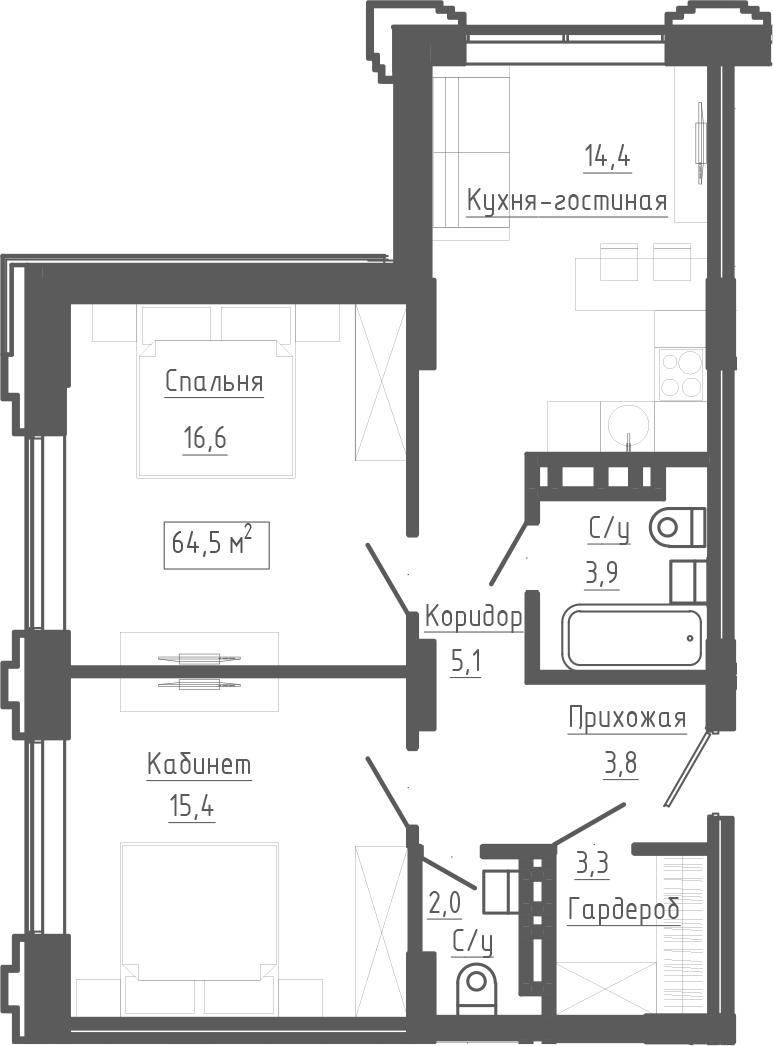 Планировка 3е-к. квартира 64.50 м² в ЖК «Клубный комплекс Маяковский»