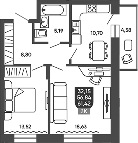 Планировка 2-к.кв 56.84 м² в ЖК «Ермак»