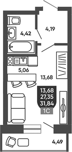 Планировка студии 27.35 м² в ЖК «Ермак»