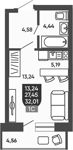 Планировка студии 27.45 м² в ЖК «Ермак»