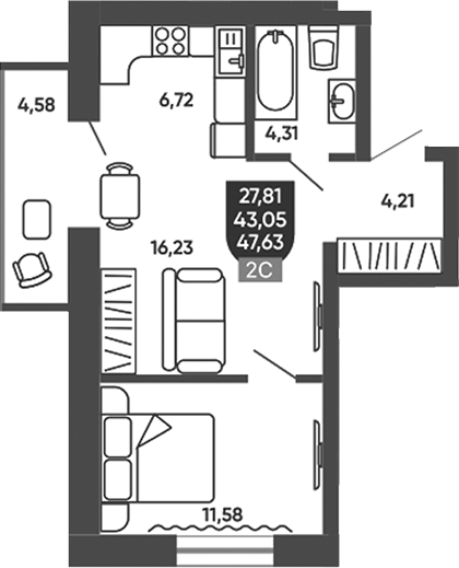 Планировка 2е-к.кв 43.05 м² в ЖК «Ермак»