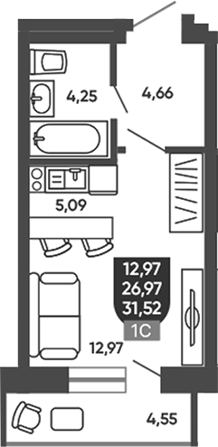 Планировка студии 26.97 м² в ЖК «Ермак»