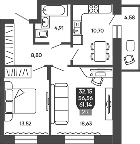 Планировка 2-к.кв 56.56 м² в ЖК «Ермак»