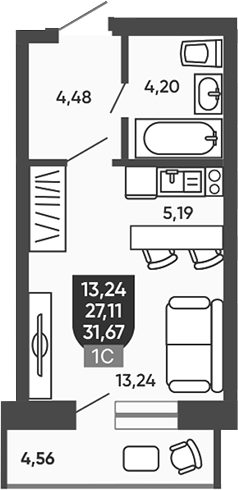 Планировка студии 27.11 м² в ЖК «Ермак»