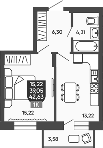 Планировка 1-к. квартира 39.05 м² в ЖК «Ермак»