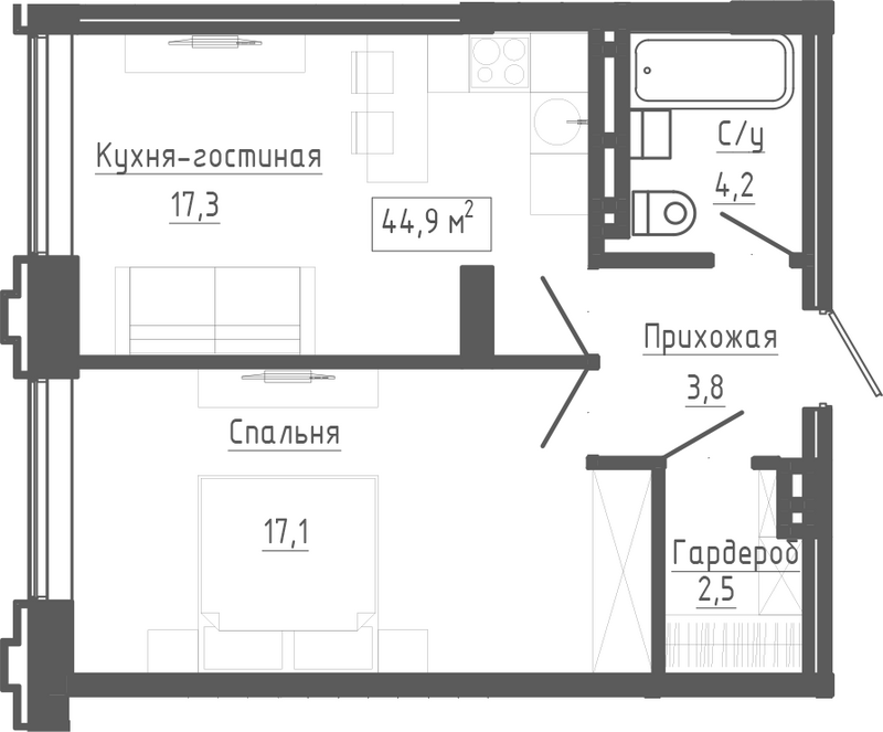 Планировка 2е-к. квартира 44.90 м² в ЖК «Клубный комплекс Маяковский»