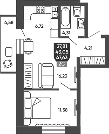 Планировка 2е-к.кв 43.05 м² в ЖК «Ермак»