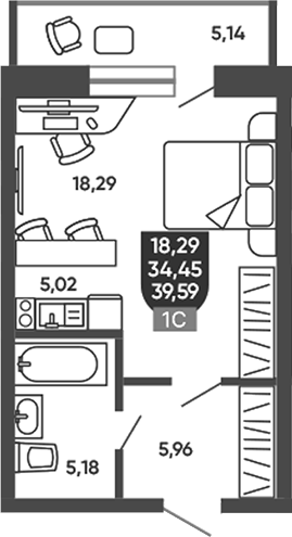 Планировка студии 34.45 м² в ЖК «Ермак»
