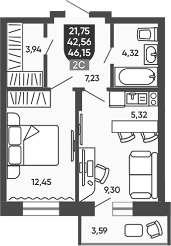 Планировка 2е-к.кв 42.56 м² в ЖК «Ермак»