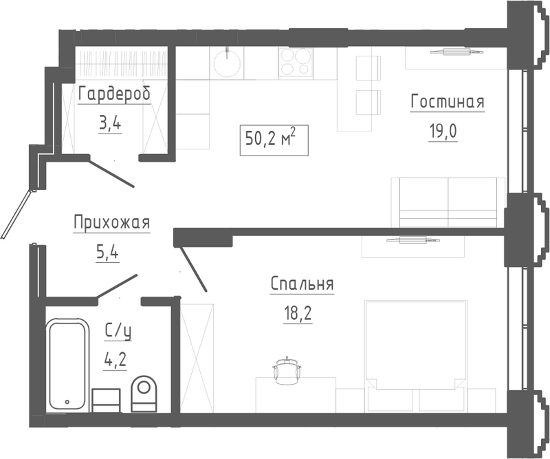 Планировка 2е-к. квартира 50.20 м² в ЖК «Клубный комплекс Маяковский»