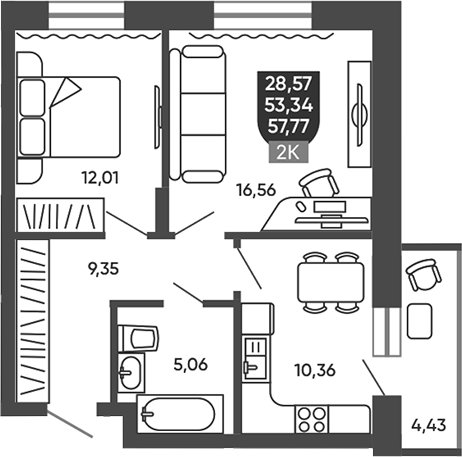 Планировка 2-к.кв 53.42 м² в ЖК «Ермак»