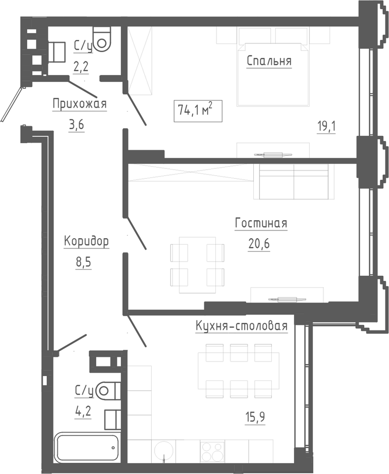 Планировка 3е-к. квартира 74.10 м² в ЖК «Клубный комплекс Маяковский»