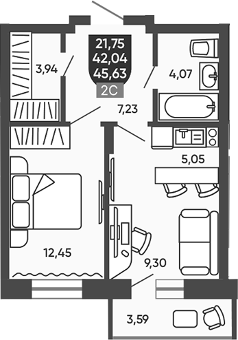Планировка 2е-к. квартира 42.14 м² в ЖК «Ермак»