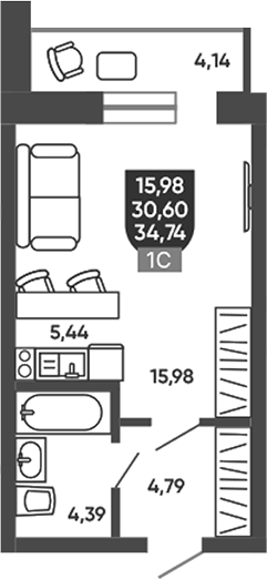 Планировка студии 30.60 м² в ЖК «Ермак»