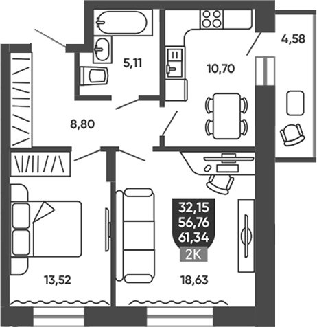 Планировка 2-к.кв 56.76 м² в ЖК «Ермак»