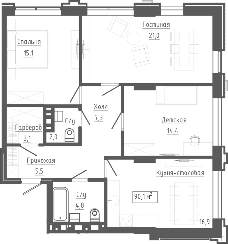 Планировка 4е-к.кв 90.10 м² в ЖК «Клубный комплекс Маяковский»