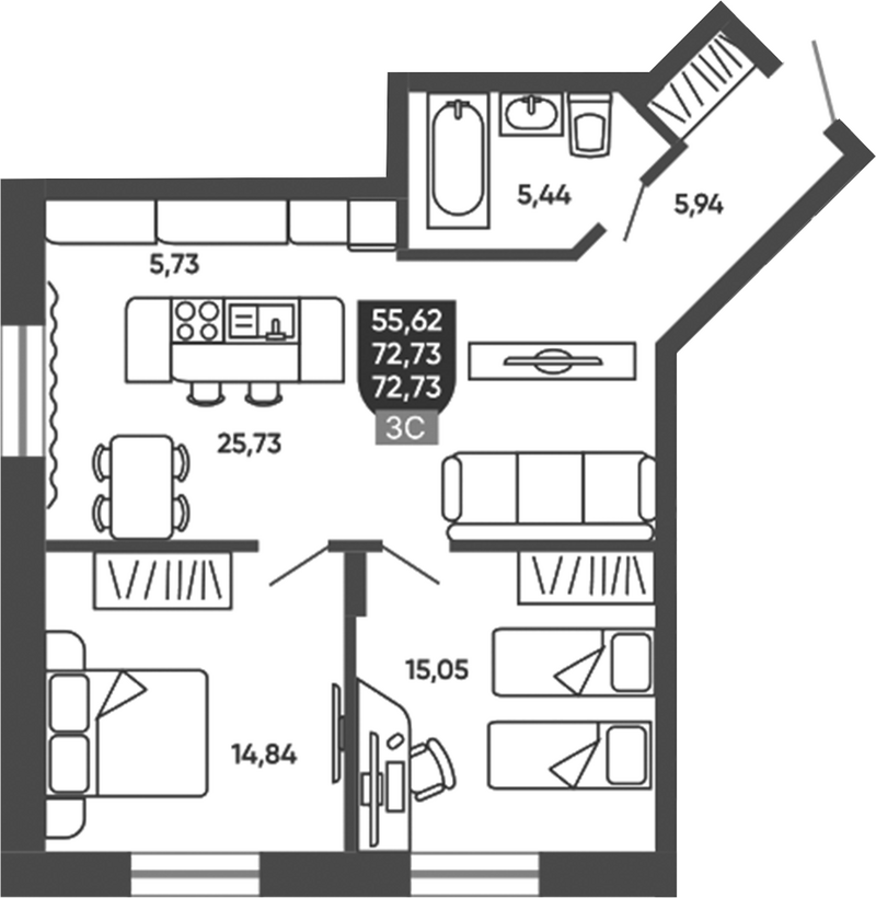 Планировка 3е-к.кв 72.73 м² в ЖК «Ермак»