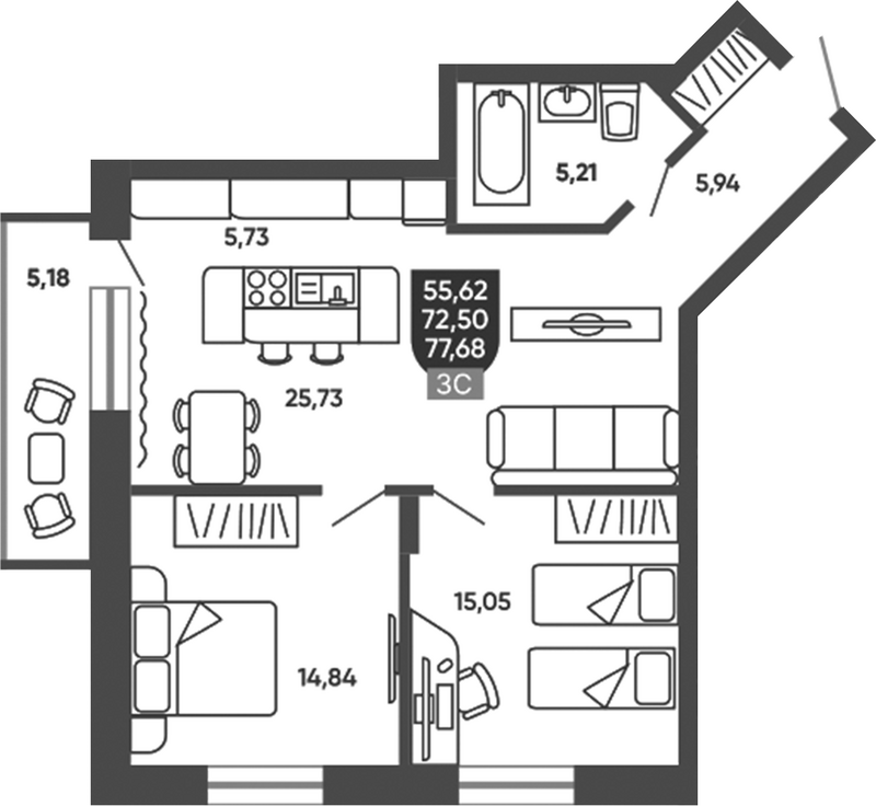 Планировка 3е-к. квартира 72.50 м² в ЖК «Ермак»