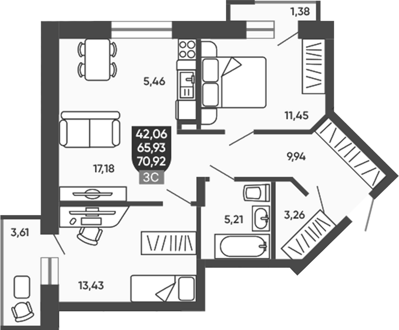 Планировка 3е-к.кв 65.93 м² в ЖК «Ермак»