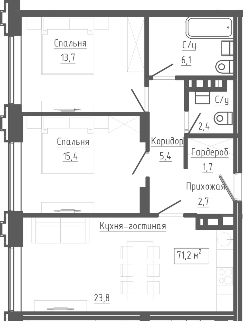 Планировка 3е-к. квартира 71.20 м² в ЖК «Клубный комплекс Маяковский»