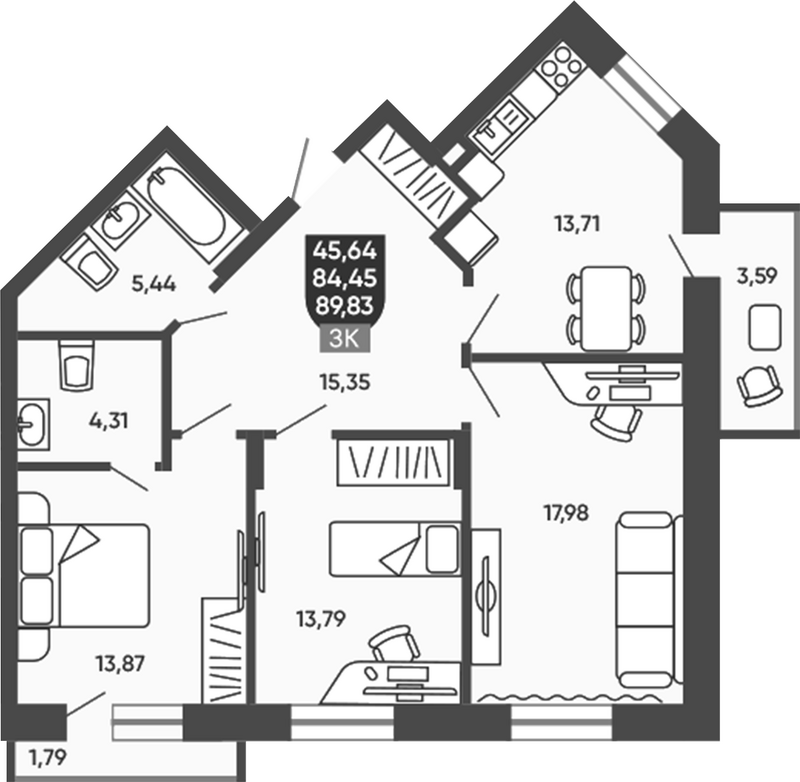 Планировка 3-к.кв 84.45 м² в ЖК «Ермак»
