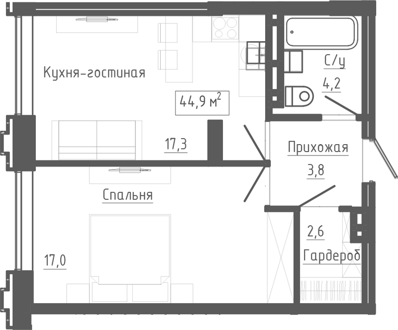 Планировка 2е-к.кв 44.90 м² в ЖК «Клубный комплекс Маяковский»
