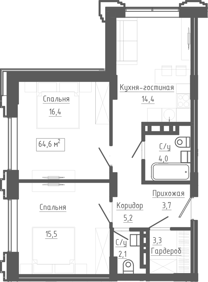 Планировка 3е-к.кв 64.60 м² в ЖК «Клубный комплекс Маяковский»