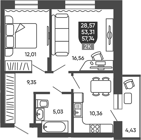 Планировка 2-к.кв 53.31 м² в ЖК «Ермак»