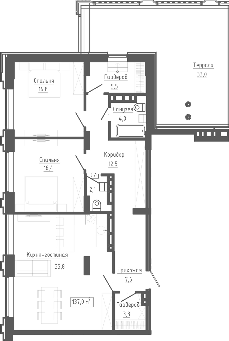 Планировка 3е-к.кв 104.00 м² в ЖК «Клубный комплекс Маяковский»