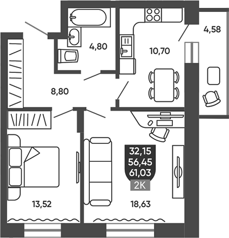 Планировка 2-к.кв 56.45 м² в ЖК «Ермак»