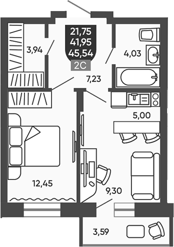 Планировка 2е-к.кв 41.95 м² в ЖК «Ермак»