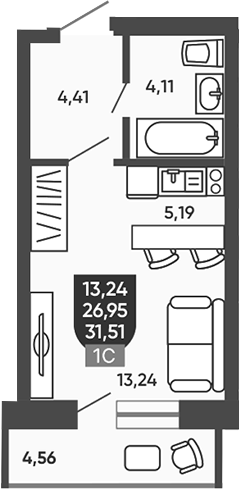 Планировка студии 26.95 м² в ЖК «Ермак»