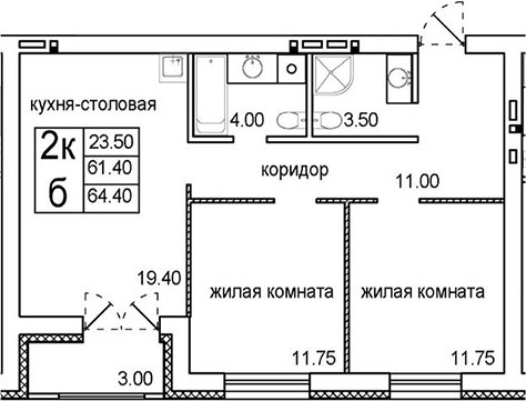 Планировка 2-к.кв 61.40 м² в ЖК «Promenade»