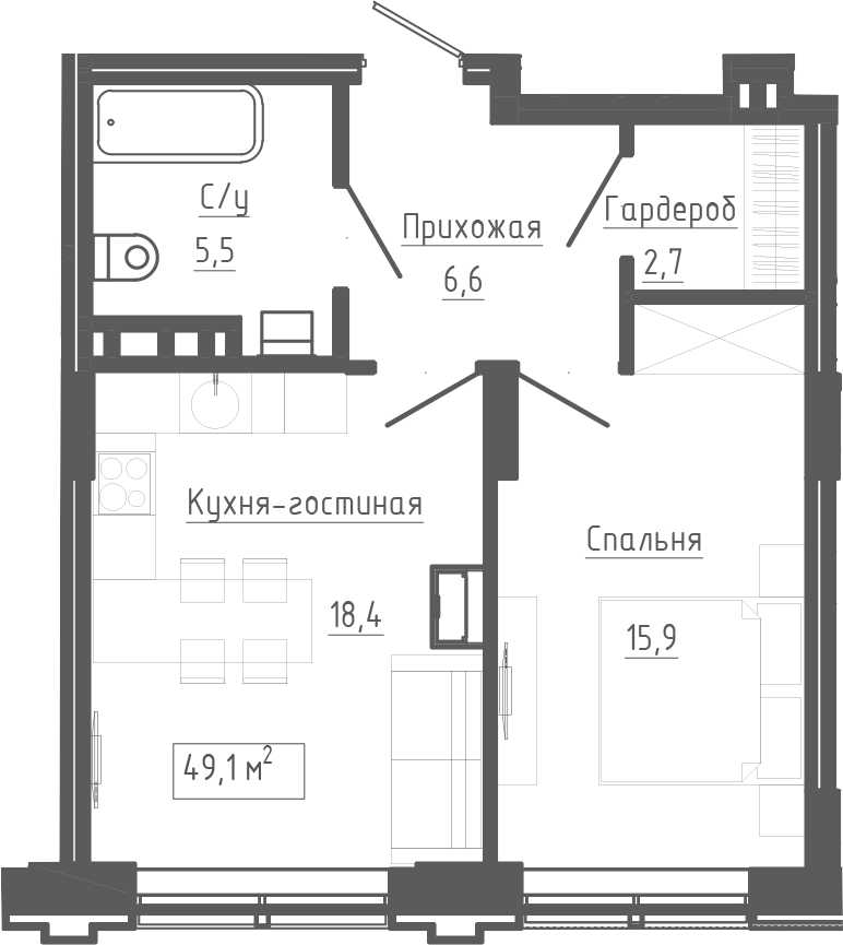 Планировка 2е-к. квартира 49.10 м² в ЖК «Клубный комплекс Маяковский»