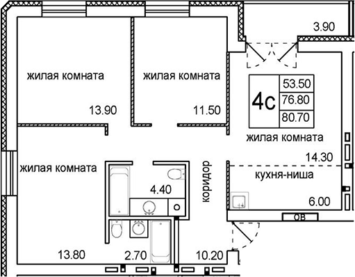 Планировка 4е-к.кв 76.80 м² в ЖК «Promenade»