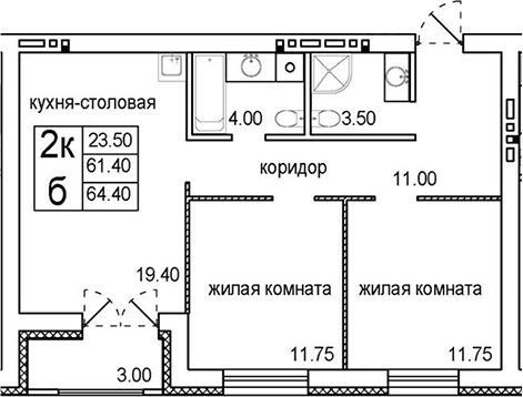 Планировка 2-к.кв 61.40 м² в ЖК «Promenade»