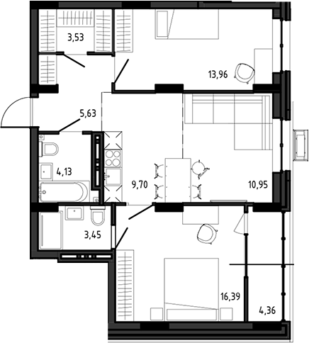 Планировка 3е-к.кв 67.74 м² в ЖК «Ясный Берег»