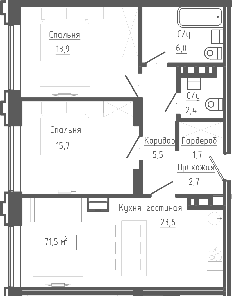 Планировка 3е-к.кв 71.50 м² в ЖК «Клубный комплекс Маяковский»