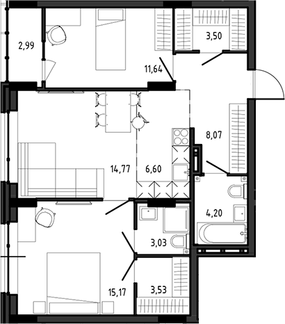 Планировка 3е-к.кв 70.51 м² в ЖК «Ясный Берег»