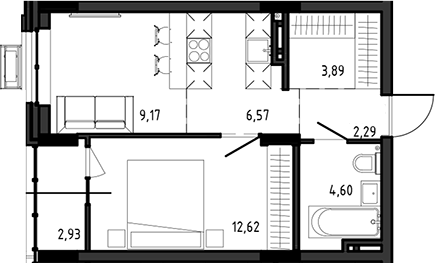 Планировка 2е-к.кв 39.14 м² в ЖК «Ясный Берег»