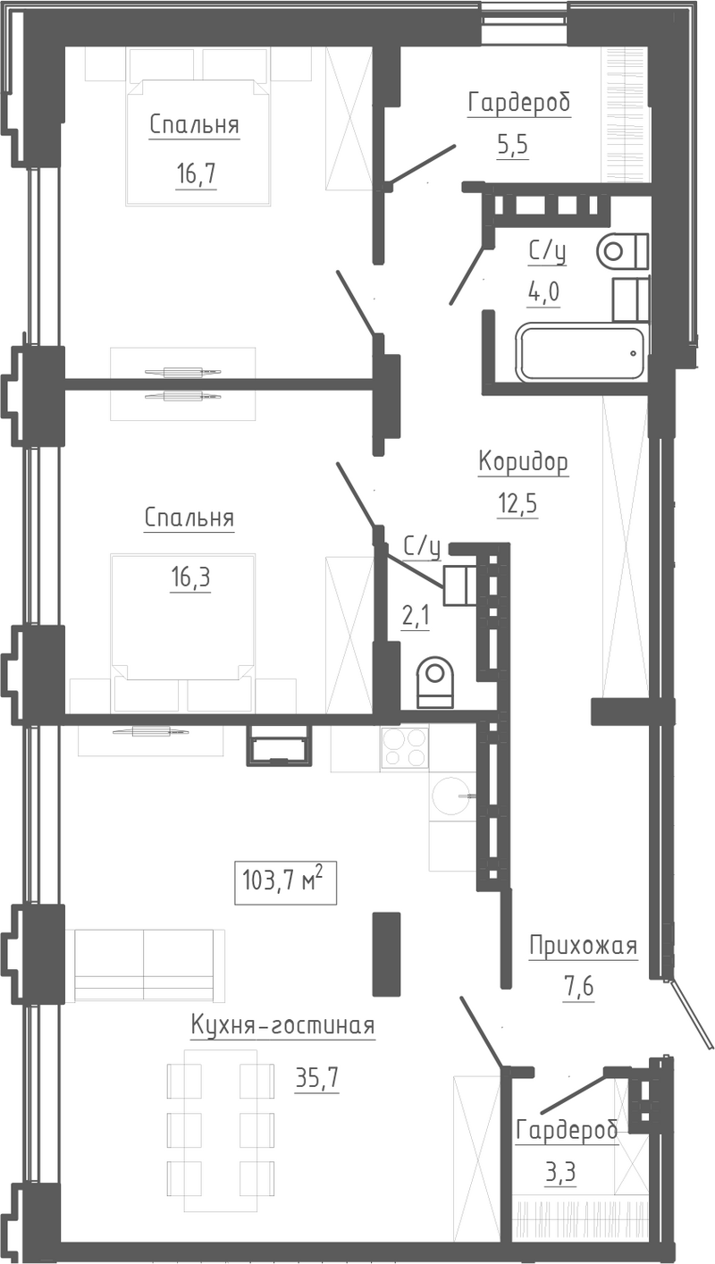 Планировка 3е-к. квартира 103.70 м² в ЖК «Клубный комплекс Маяковский»